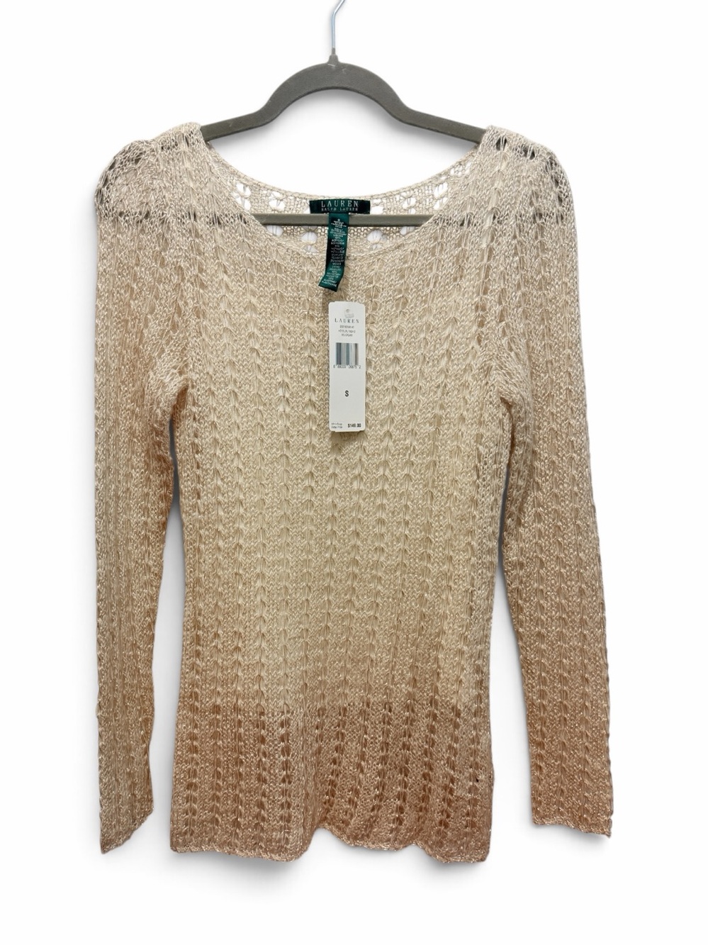 Lauren Ralph Lauren Cream Knit Long-Sleeve Top Gold Thread Quiet Luxury Size Sm